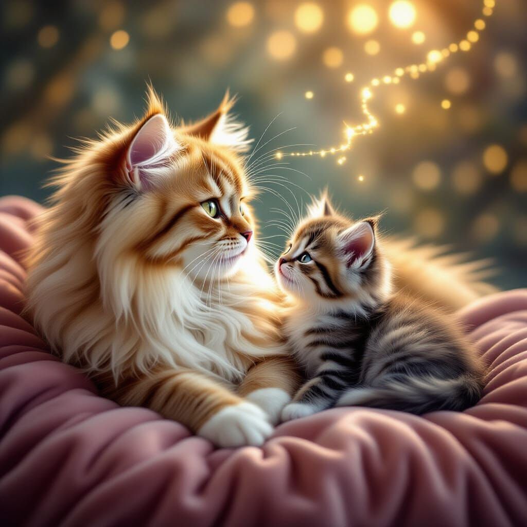 Fluffy Cats Connected by Golden Thread on Velvet Cushion