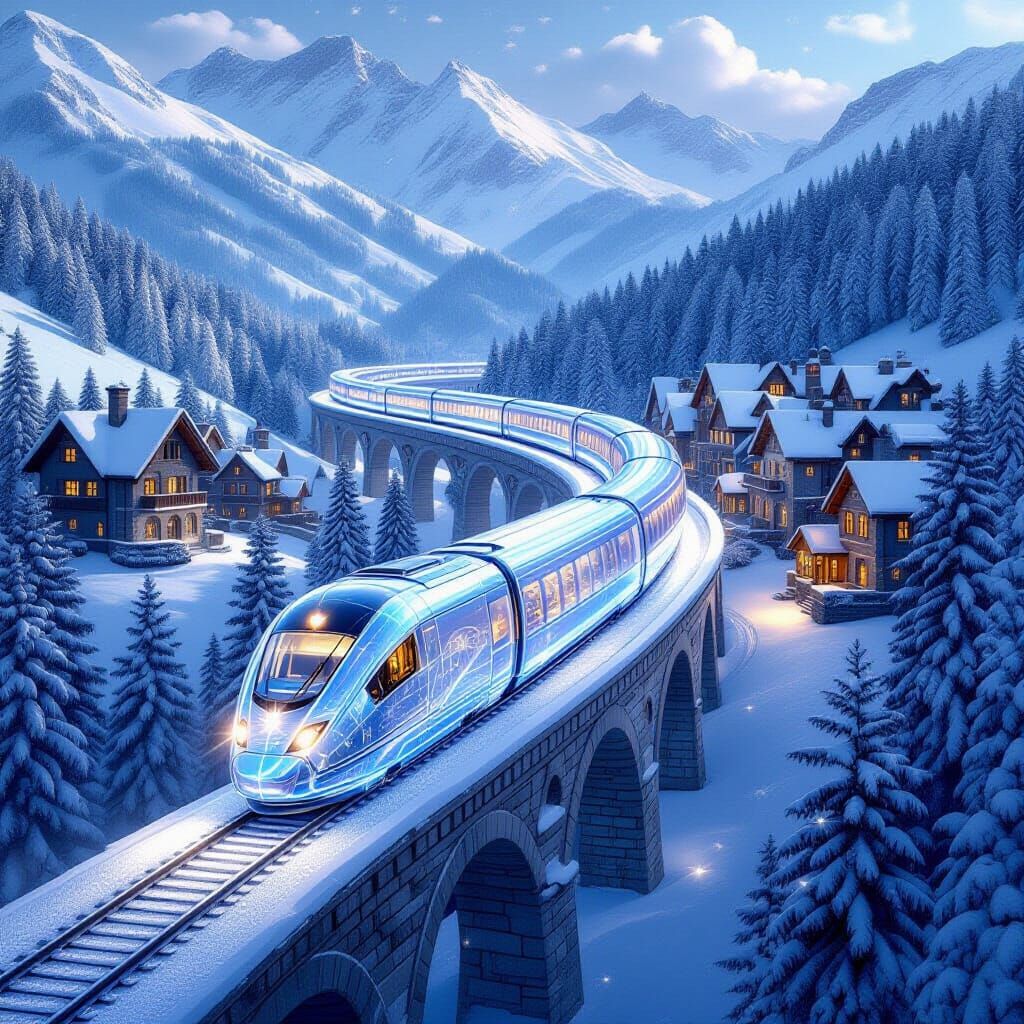 A breathtaking magical winter fantasy scene featuring a magnificent transparent glass or crystal train ...  by @Deborah Sutton