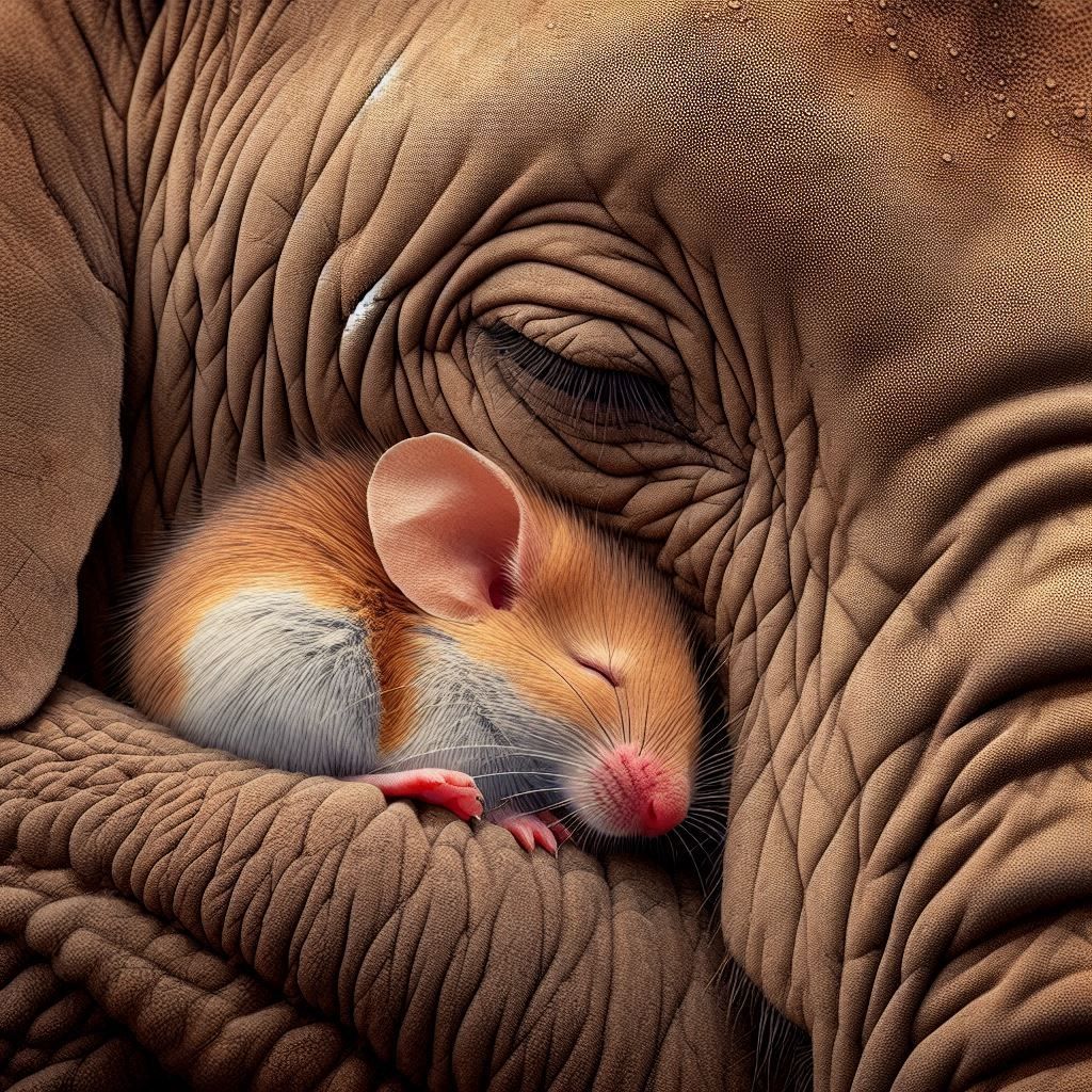 a mouse  and elephant an snuggling