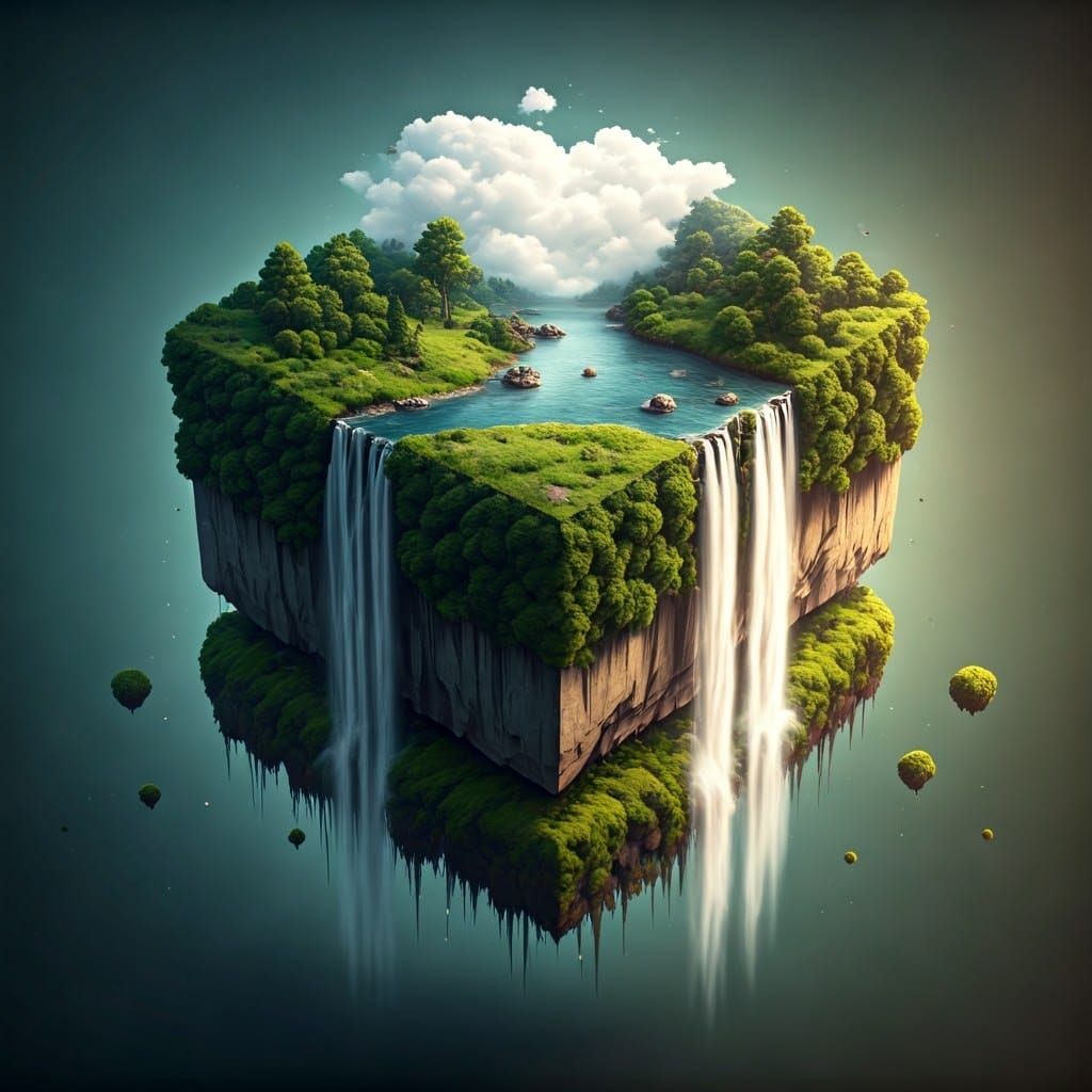 A floating cube with each side depicting different natural landscapes, like forests and waterfalls, suspended ...  by @morr5750