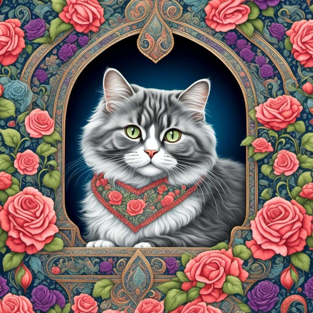 Cat in roses made with <lora:Paisley Powers:1.0> 