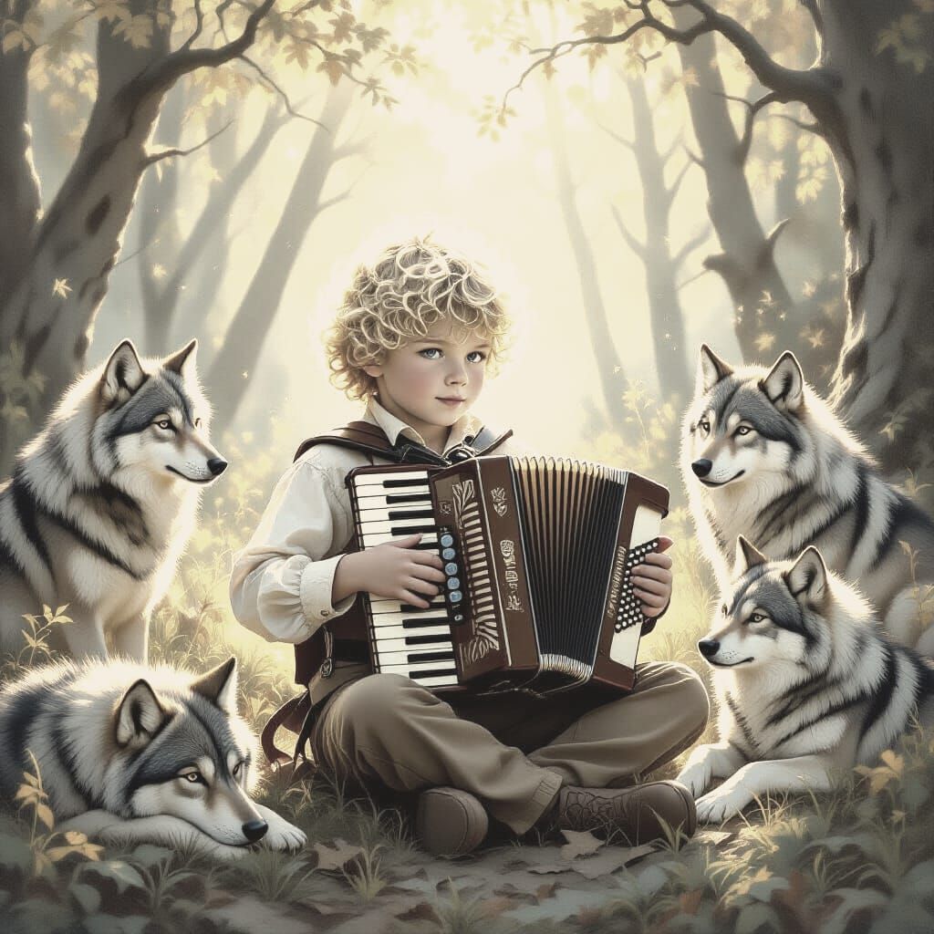 A curly blond boy with blue eyes sits and plays the accordion, sitting on the floor in the forest next to wolves, sunset