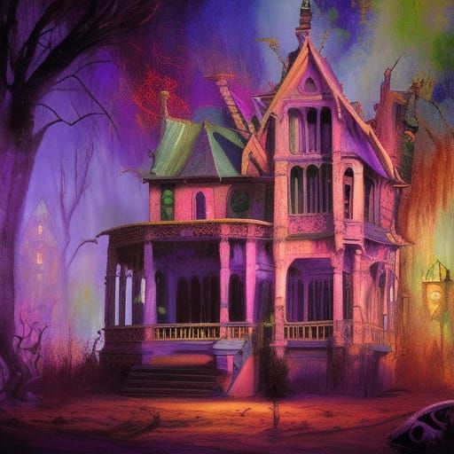 Haunted house ; ghosts ;

Purple and peach ; triadic colors ...