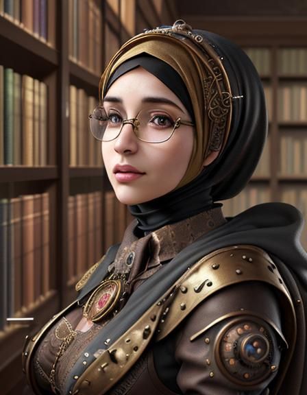 Intricately detailed portrait beautiful steampunk librarian woman ...