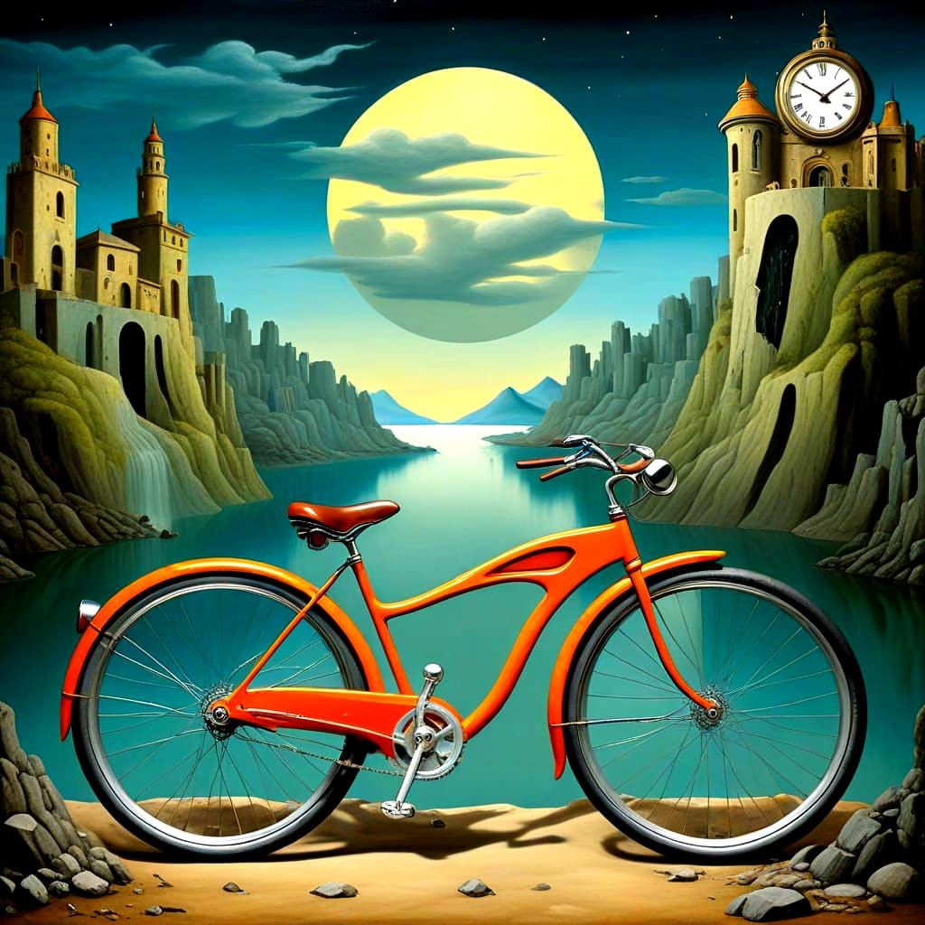 Surrealistic Bicycle Masterpiece in a Vibrant Fantasy Landsc...