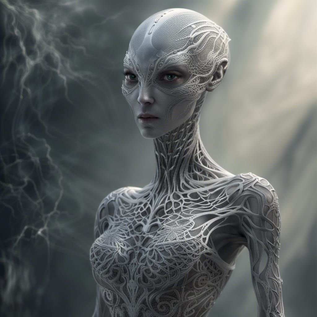 an alien with a pale marble skin, a thin, almost transparent, skin ...