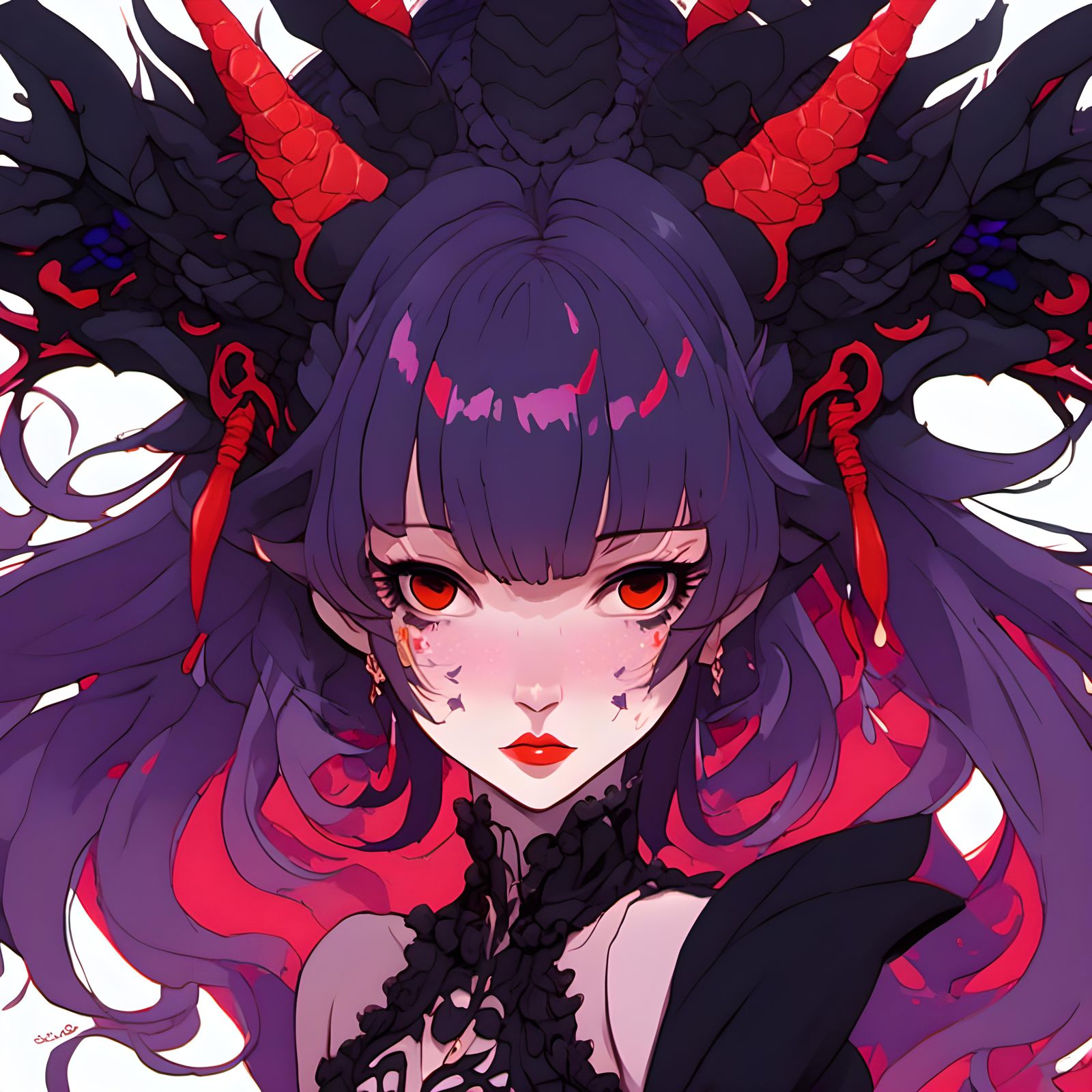 <lora:Color the Enexpected:1.0> Mean Asian Dragon Lady Bright Red Lipstick Black Dress lavender scarf red pantyhose mean eyes with razor lik...