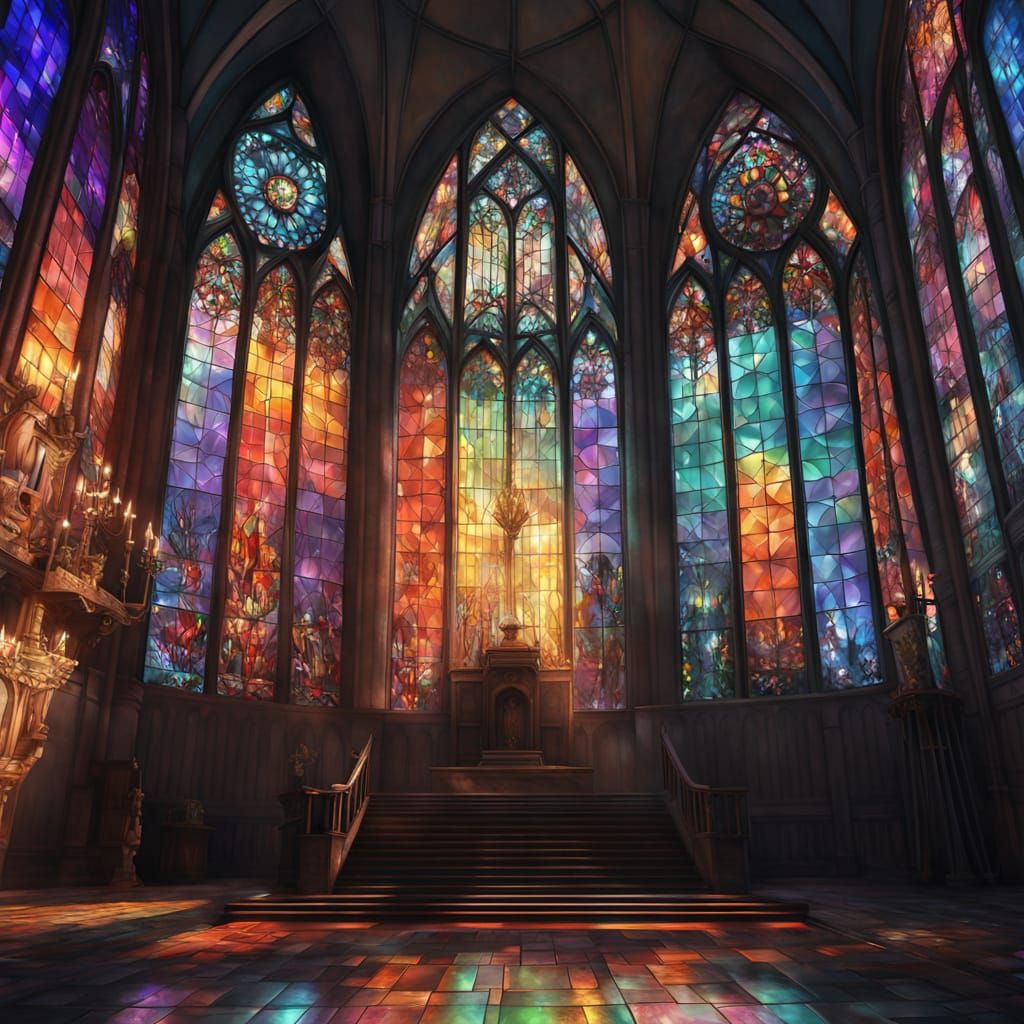 A stained glass window depicts a scene of light passing through a prism, creating a rainbow effect. 