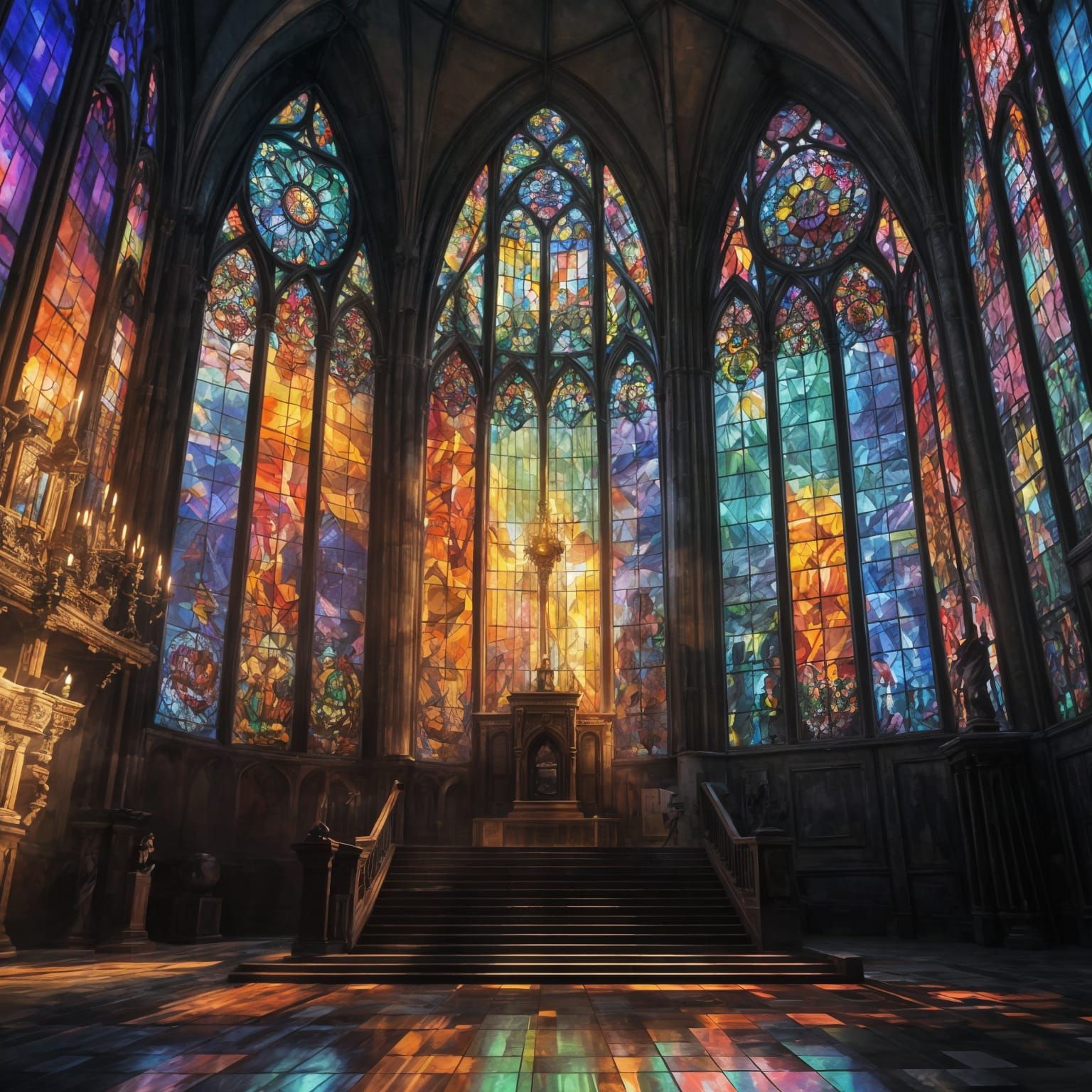 A stained glass window depicts a scene of light passing through a prism   by @Queen274