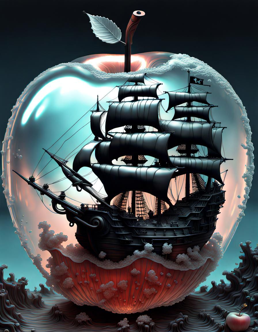 Clear apple with a black sails pirate ship inside sitting on sea floor!!!   by @Timmy Contraros