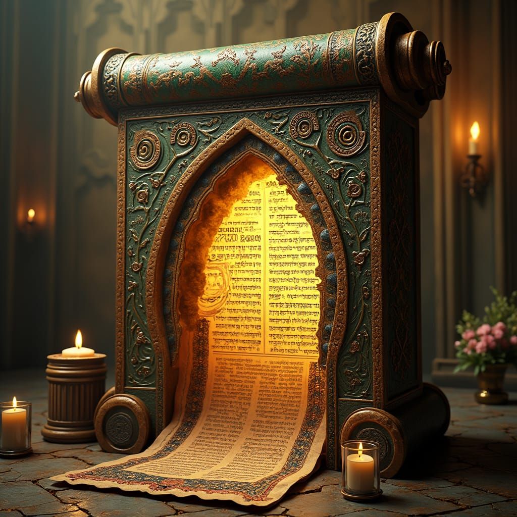 Mystical Torah Scroll Entrance in Fantasy Art Style