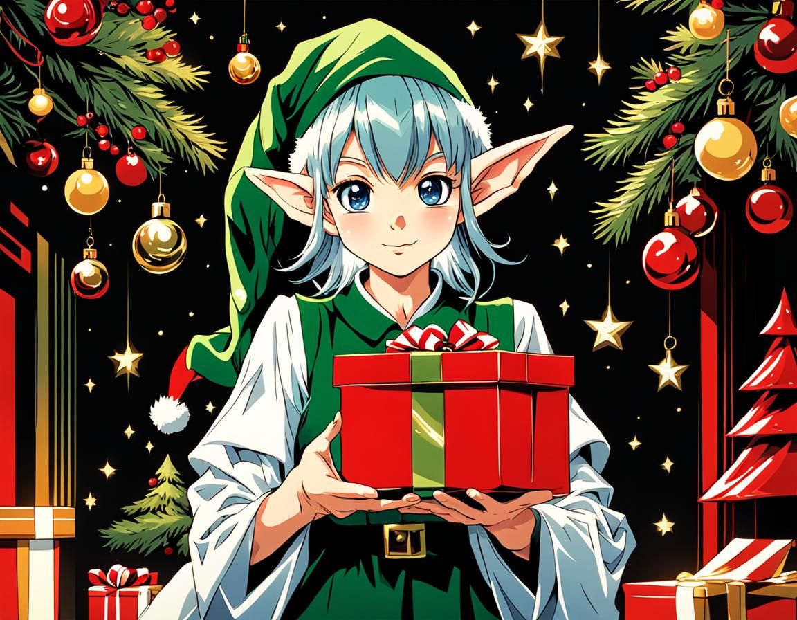 Cute Anime Elf Offering Gift in Deep Winter Wonderland