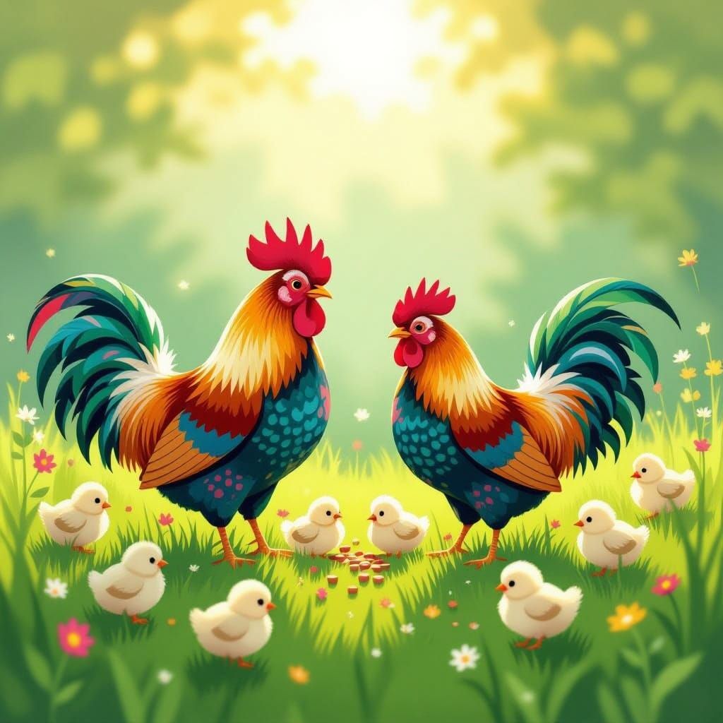 Whimsical Folk Art Rooster Hen and Chicks