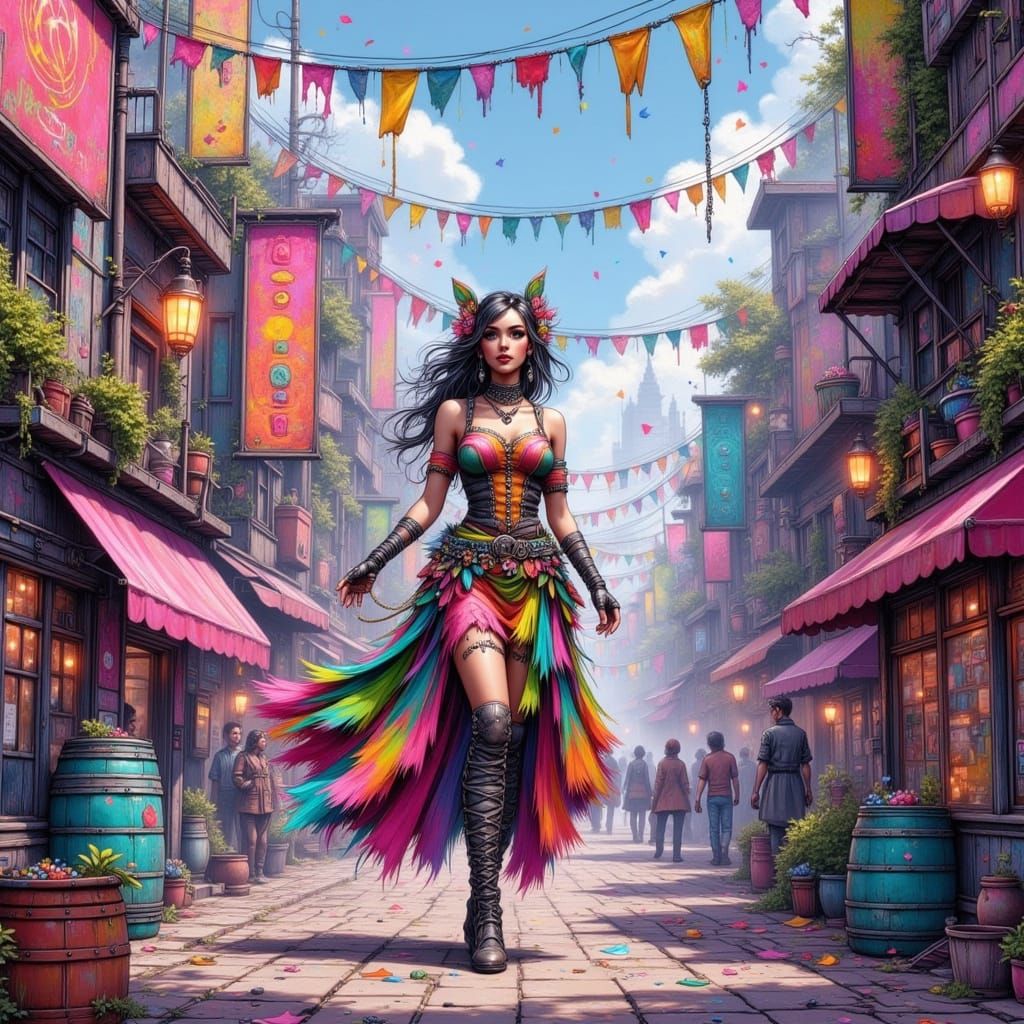 Cyberpunk City Street Transformed into Vibrant Festival