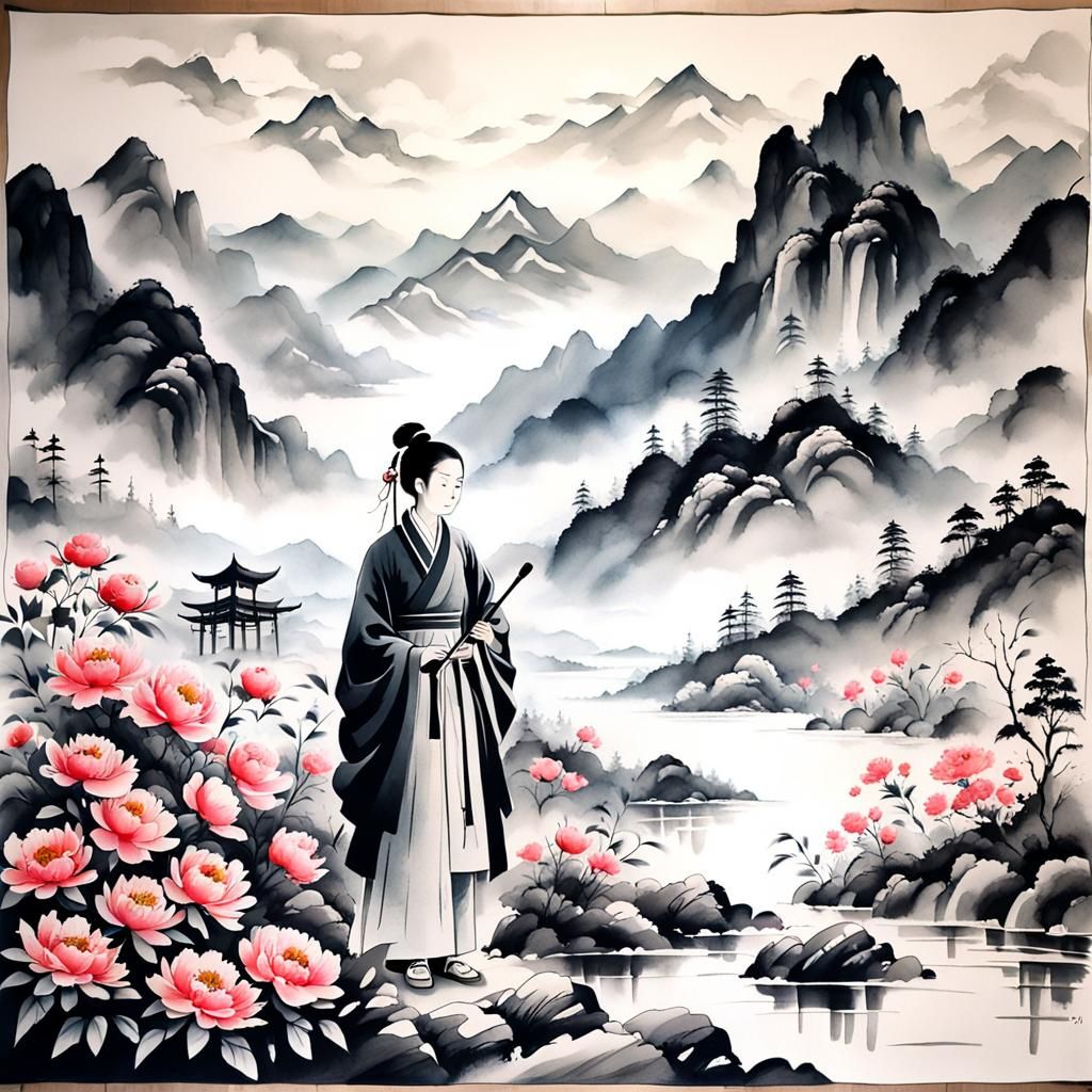 Serene Ink Wash Painting of Meditating Figure