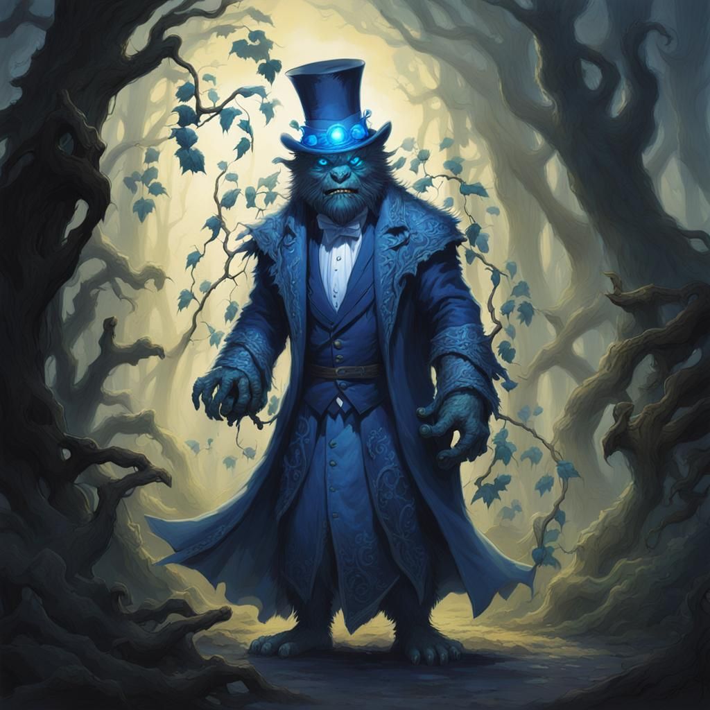 Blue bugbear with glowing eyes with vines in his fur wearing...