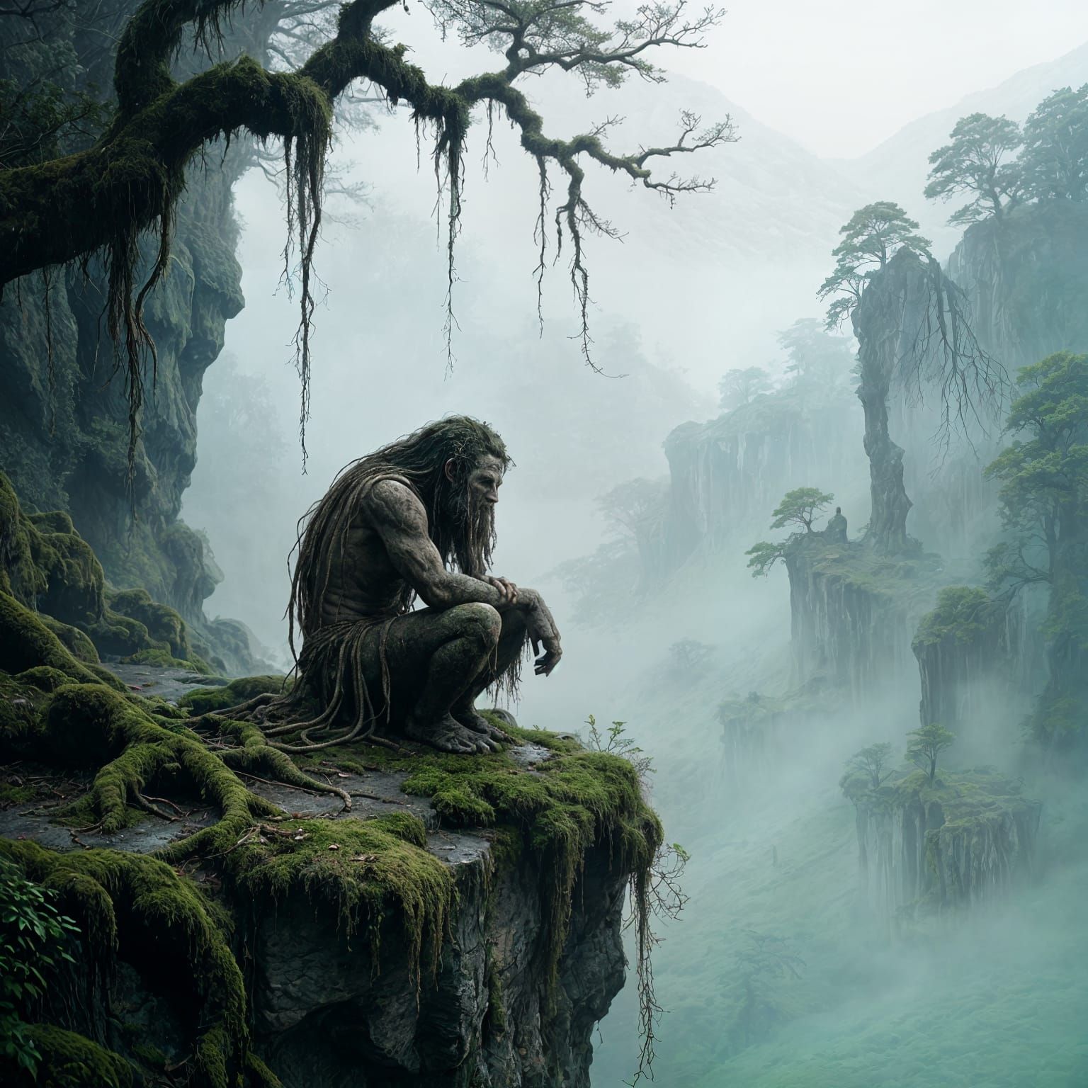 A lonely troll sits on a misty cliffside, surrounded by gnarled hanging roots and weathered stone, its ...  by @rezz
