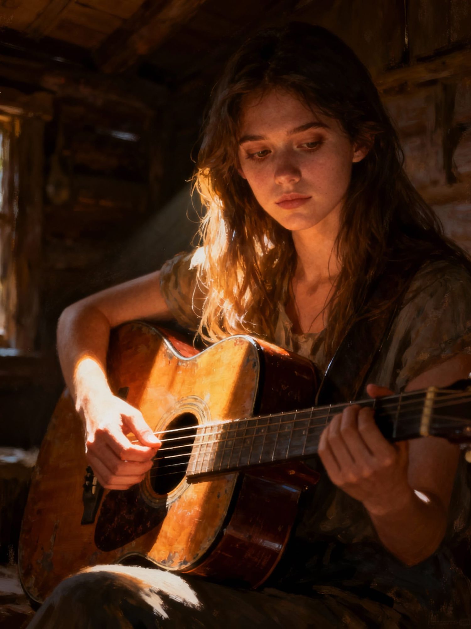 A serene portrait of a stunning young woman musician, her expression calm and introspective, holding a vintage acoustic guitar. She sits in ...