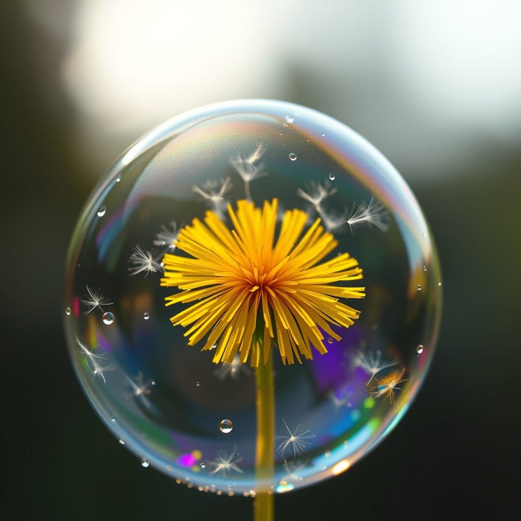 Surreal Soap Bubble Encloses a Whimsical Dandelion in a Drea...