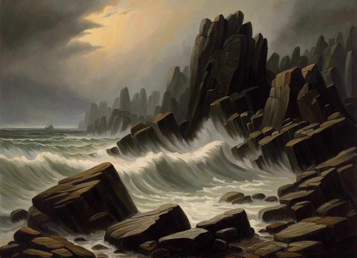Dramatic rocky shoreline, landscape, Caspar David Friedrich,...