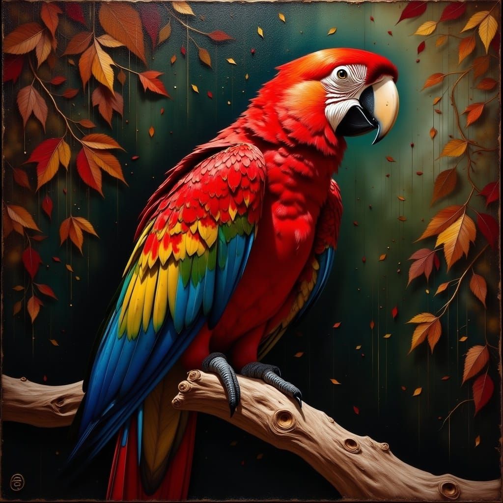Oil painting, red parrot on a perch, dramatic lighting, chiaroscuro, bright, beautiful, detailed, encaustic, by James Gurney, Pino Daeni <lo...