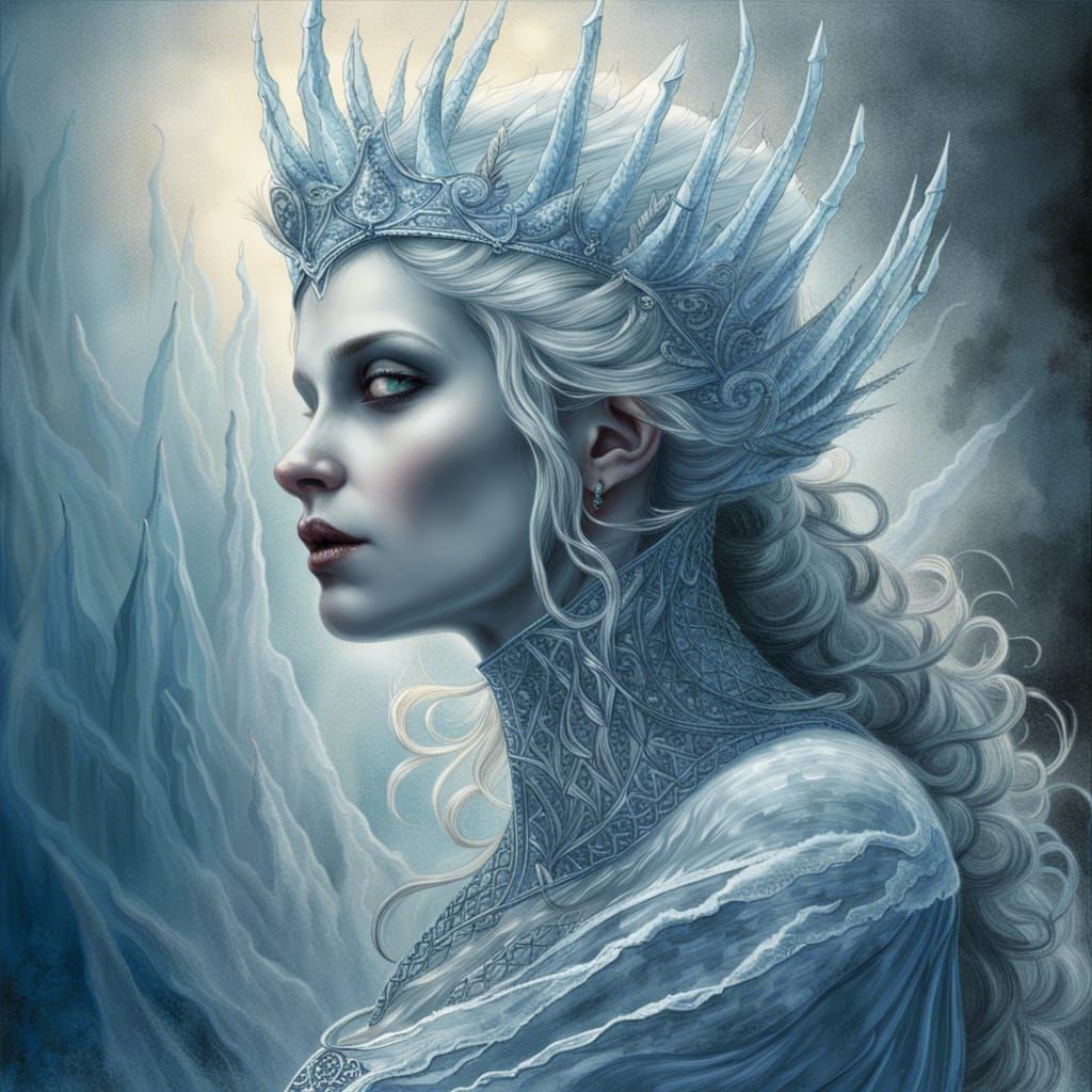 Profile of the beautiful ice queen upper body closeup. Made of deep ...