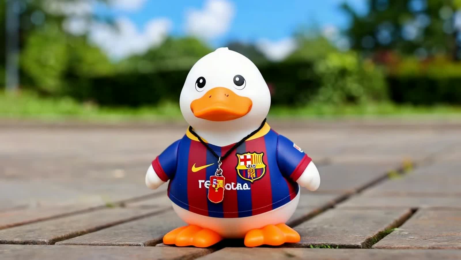 un pato de goma con una camiseta del barcelona