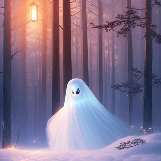 a painting of a cute, iridescent ghost in a winter forest, f...
