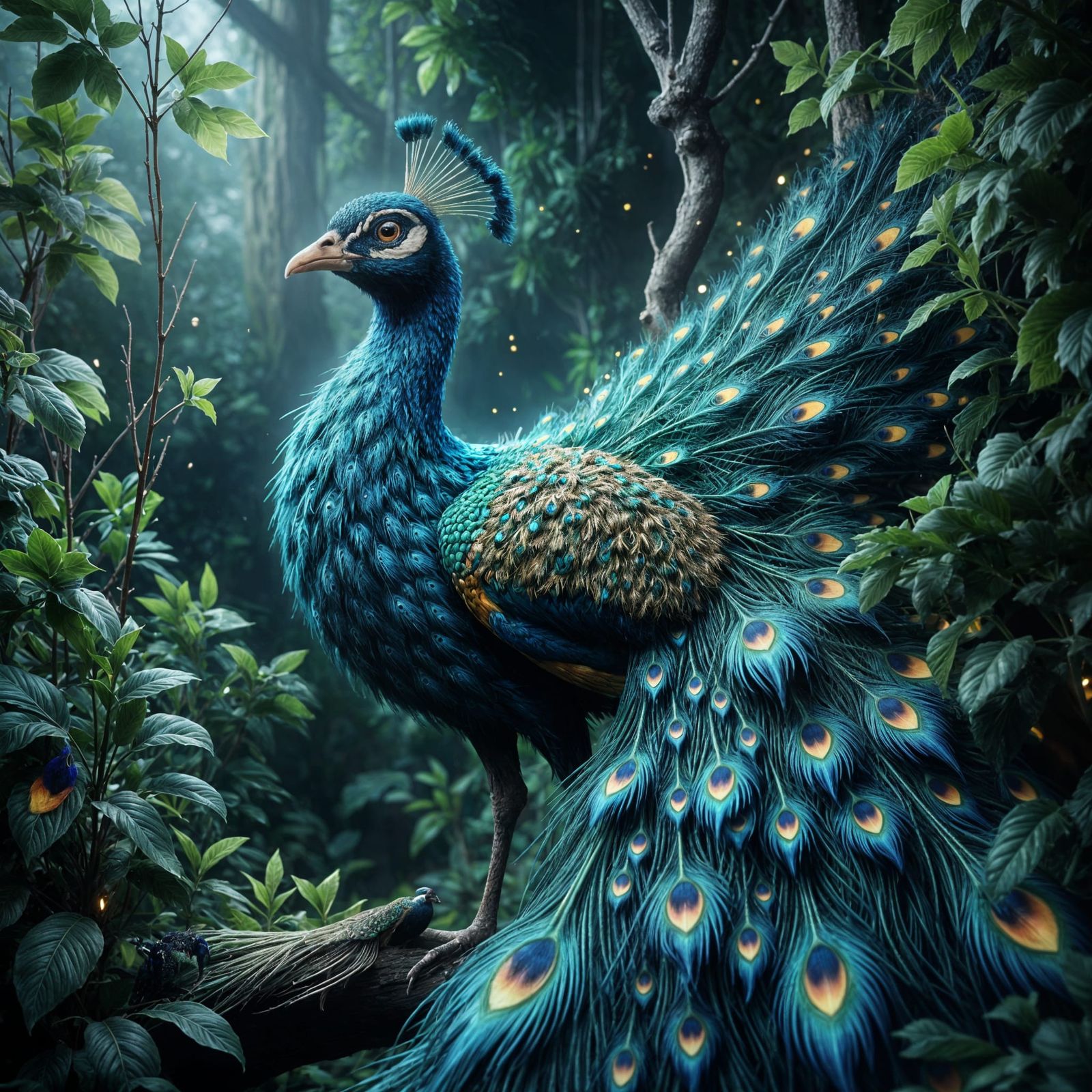 Majestic Splendor: A peacock proudly displays its vibrant plumage amidst a lush, enchanted forest.  by @Phantazia