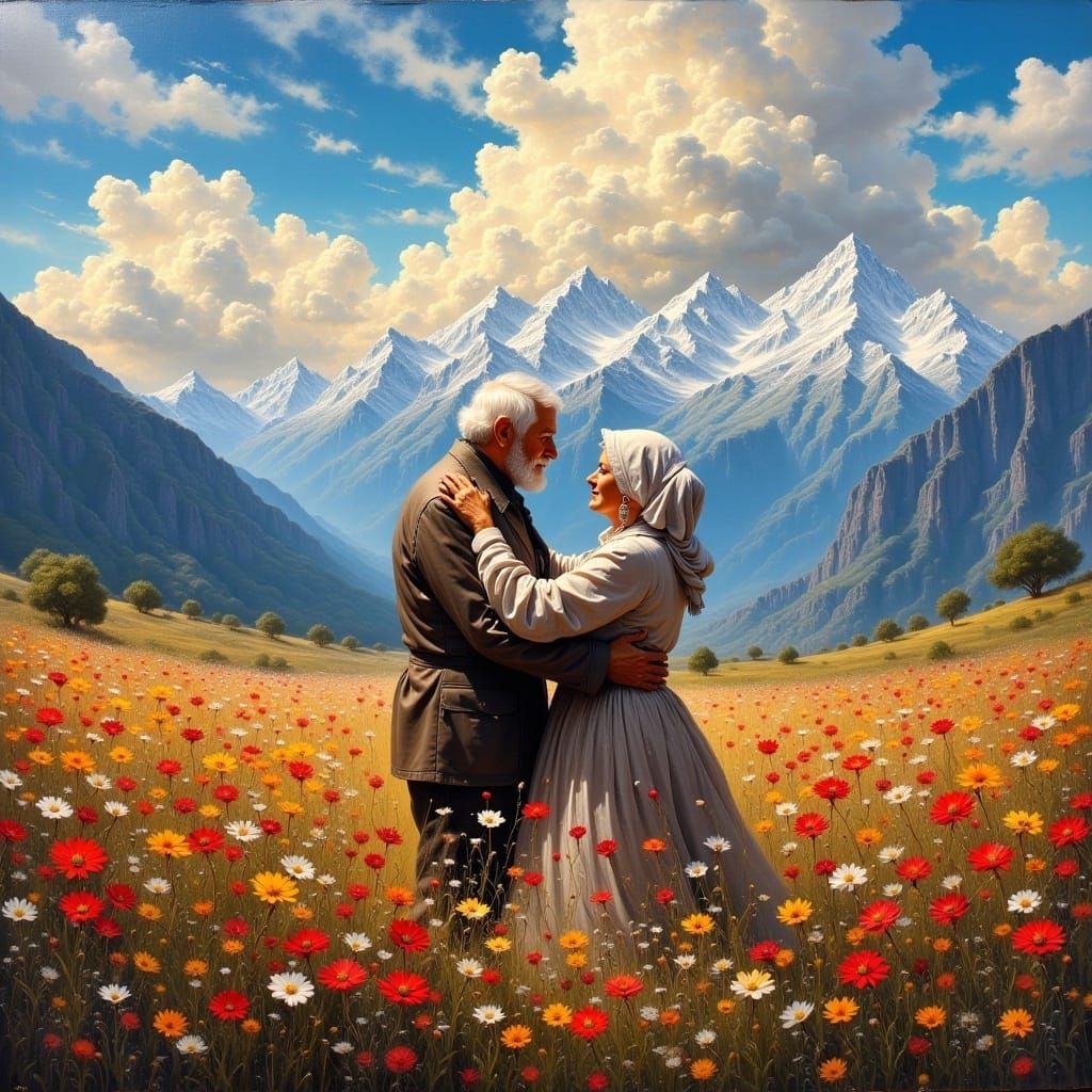 <lora:SDA Masterpiece v2:1.0> Smoke lora, Wide-angle, oil painting, an elderly man and woman stand in an embrace in a field full of flowers...