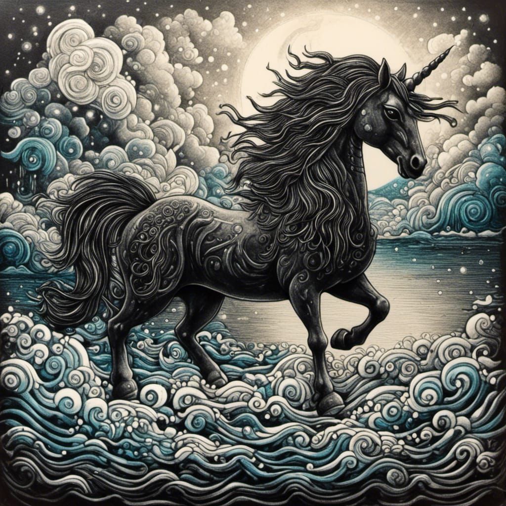A dark unicorn but made out of Crystal , rising from a mystical cloudy lake, high detail , textured paper <lora:Crayon Story Book:1.0>