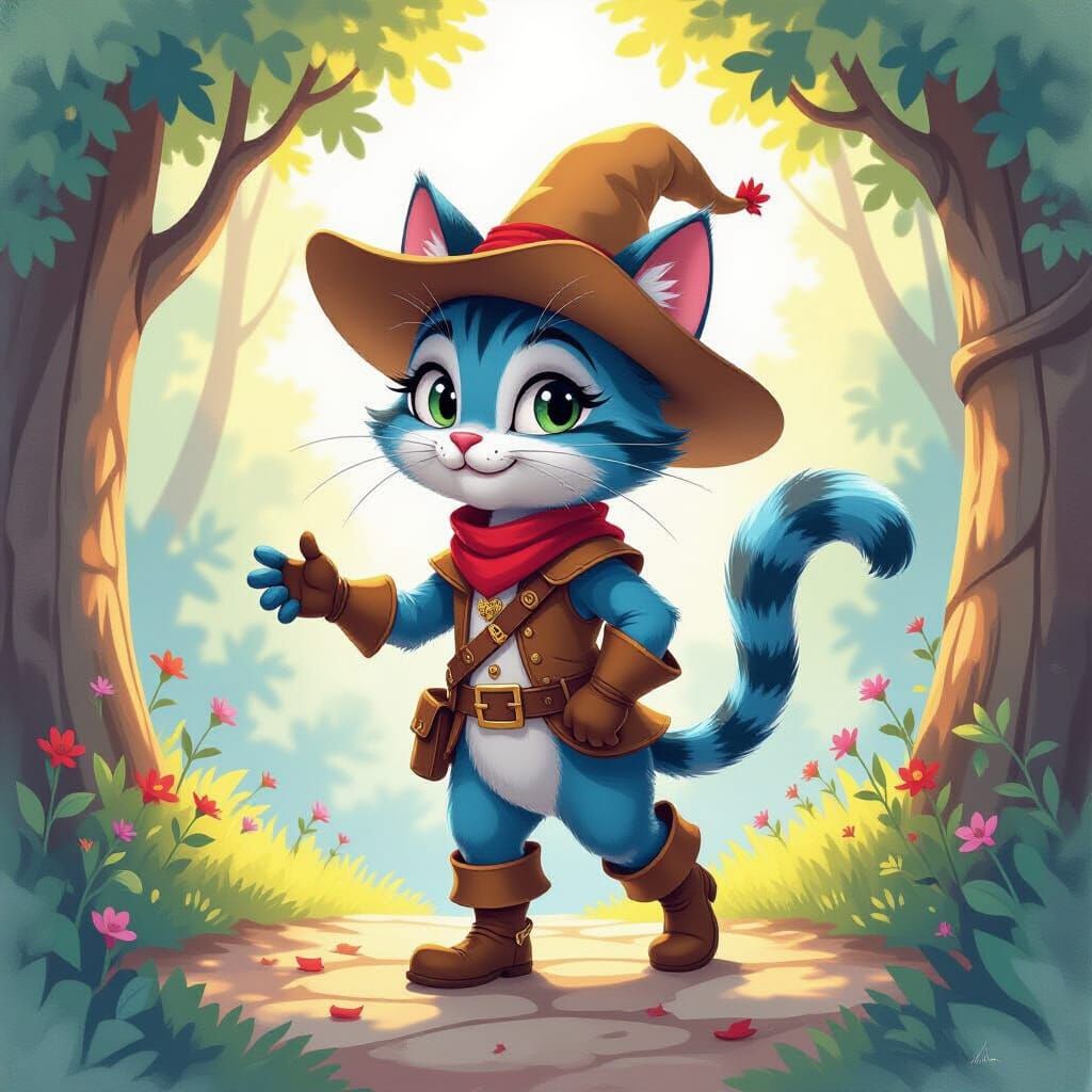 the story of the cat in boots, watercolor painting, high definition details, 38k resolution, very realistic illustration, cartoon effect glo...