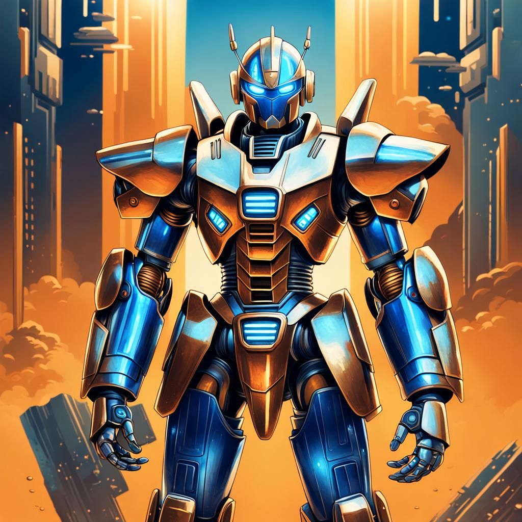 Retrofuturistic Bronze Robot Concept Art in Tokusatsu Style