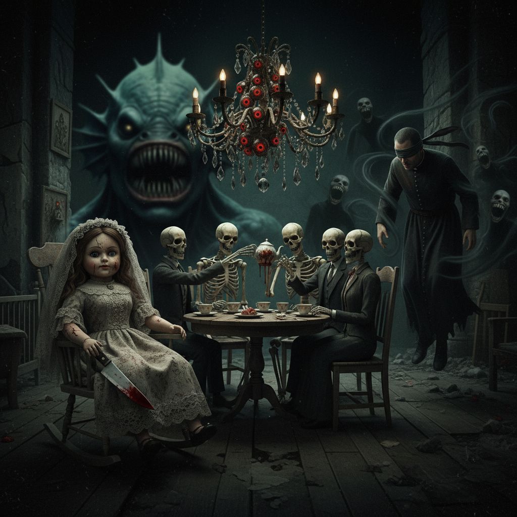 Horror scene of a doll bride and other scary monsters includ...
