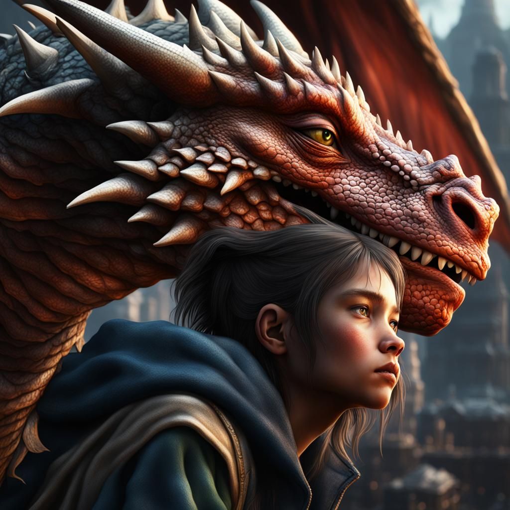 Homeless Girl and Dragon Snuggle: Photorealistic Portrait