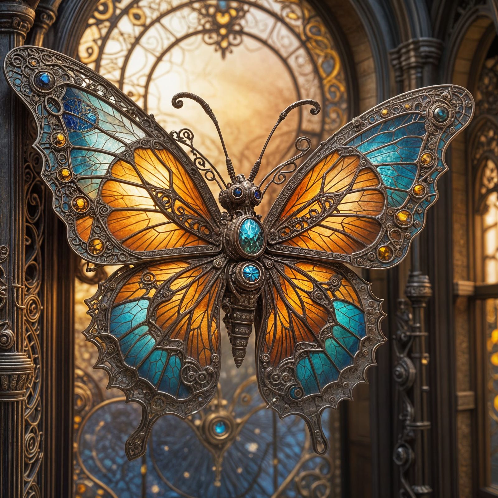 Steampunk Butterfly with Stained Glass Wings  by @Defenestrated Feather