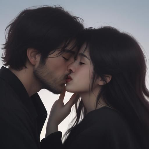 (Close-up illustration with man and woman in love with great...