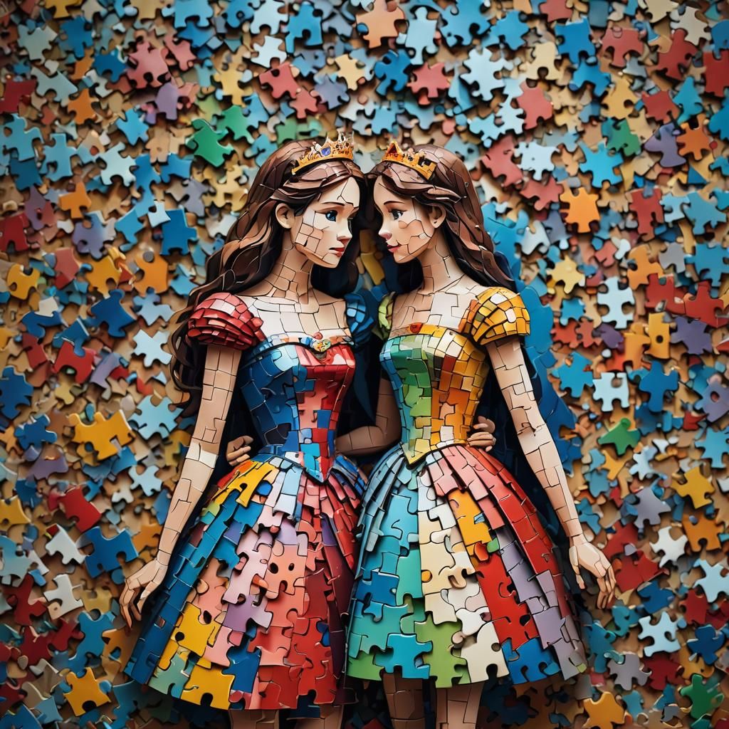 A Princess and a Prince made out of colourful puzzle pieces 