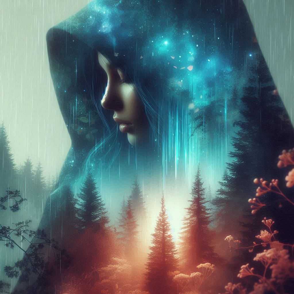 double exposure beautiful fantasy DALL-E 3 portrait landscape..