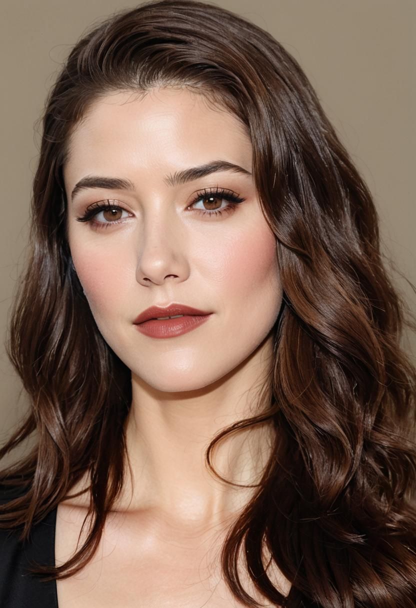 (beautiful portrait of Mary Elizabeth Winstead), (long hair, black top), (elegant black dress), (brown lip color), (symmetrical facial featu...