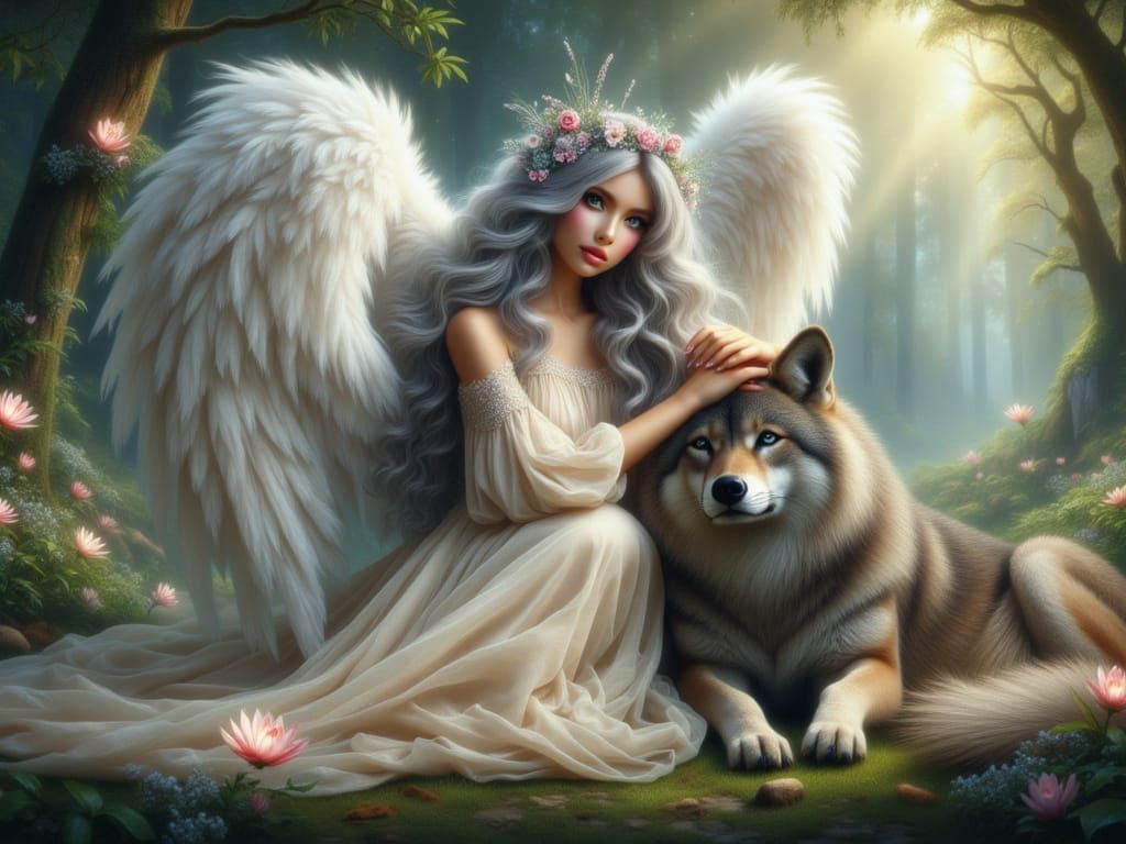 <lora:FiosCelestialBonds:1.0> Taralie and her Wolf Flora