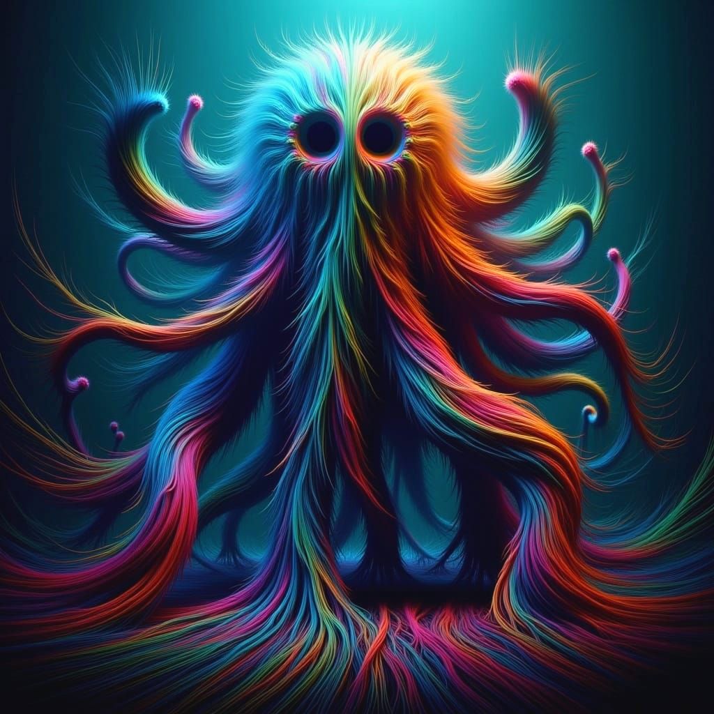<lora:-Kaleidofuzz-:1.0> colorful volumetric rays of light in the shape of a giant octopus creature, vibrant bright colors, hollow eyes, twi...