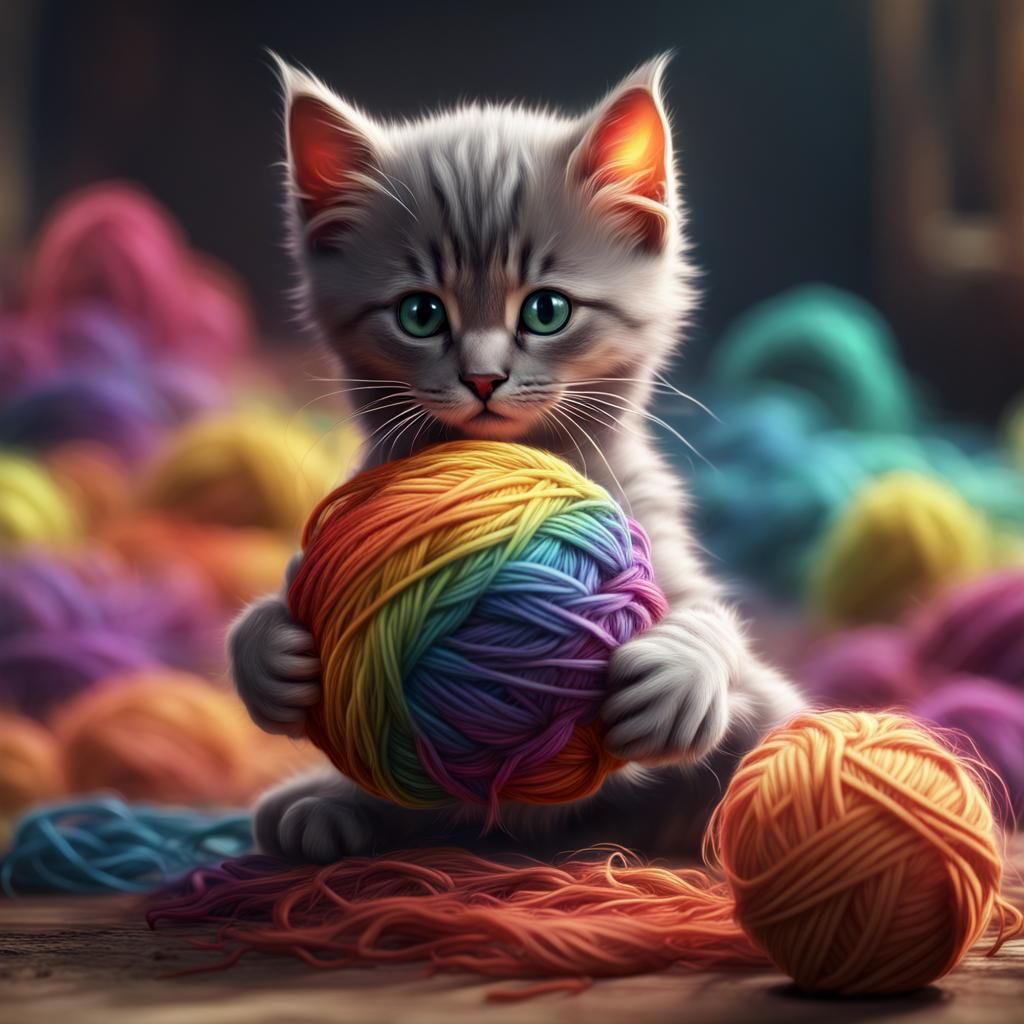 rainbow colored kitten playing with a ball of yarn - AI Generated ...