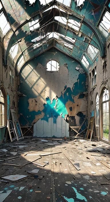 inside an old abandoned museum, paint peeling off walls, old...