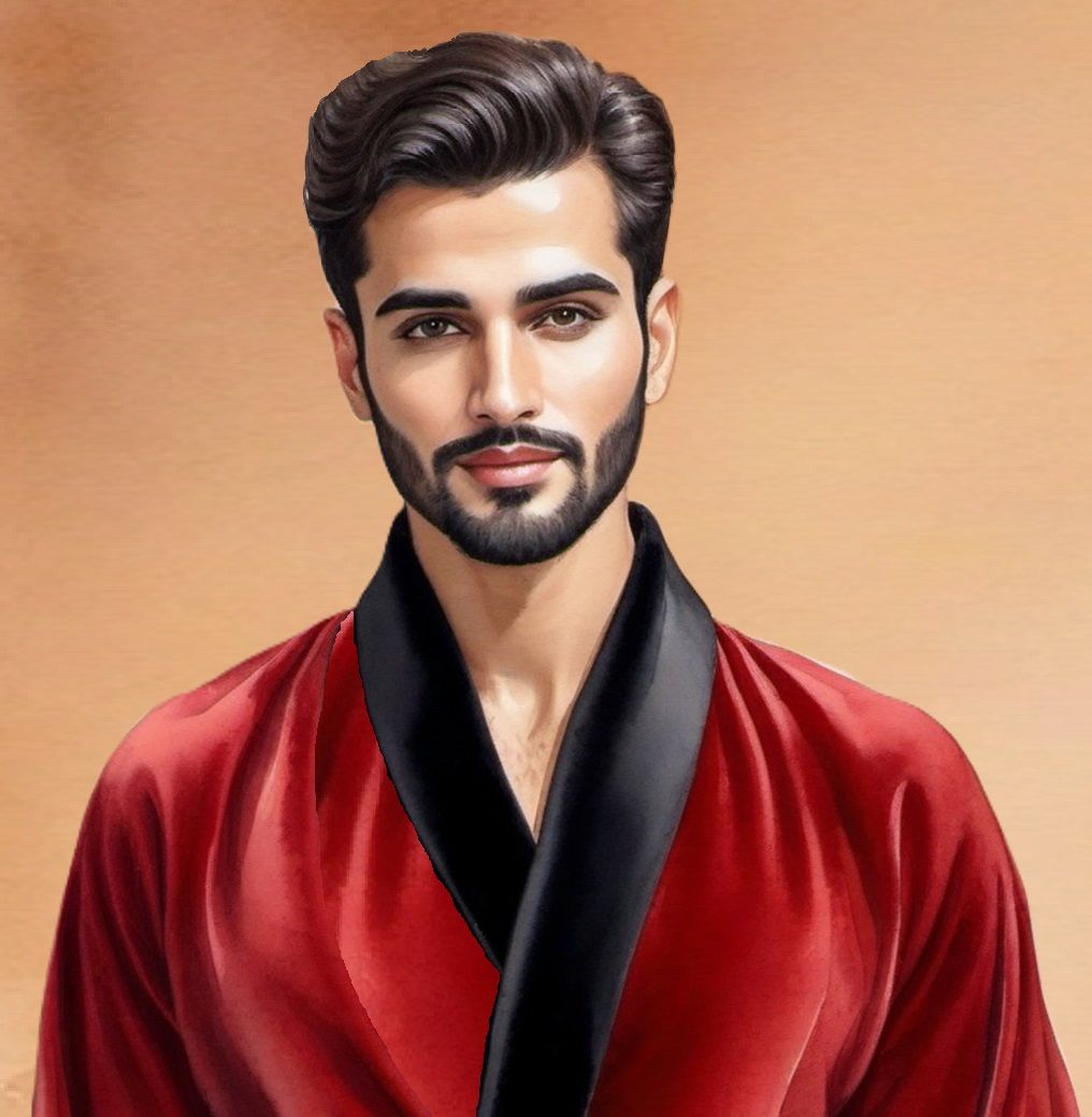 A cute bearded man wearing a red  velvet bathrobe