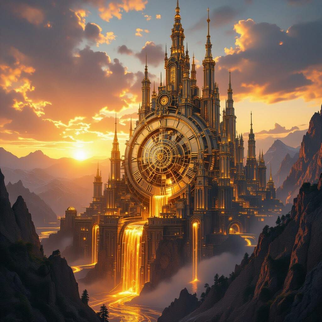 A breathtaking, epic landscape depicting a colossal clockwork city built into the side of a sheer mountain, bathed in the golden light of a ...