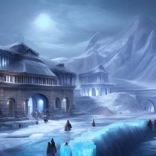 An ancient village in the arctic covered in snow with a pala...