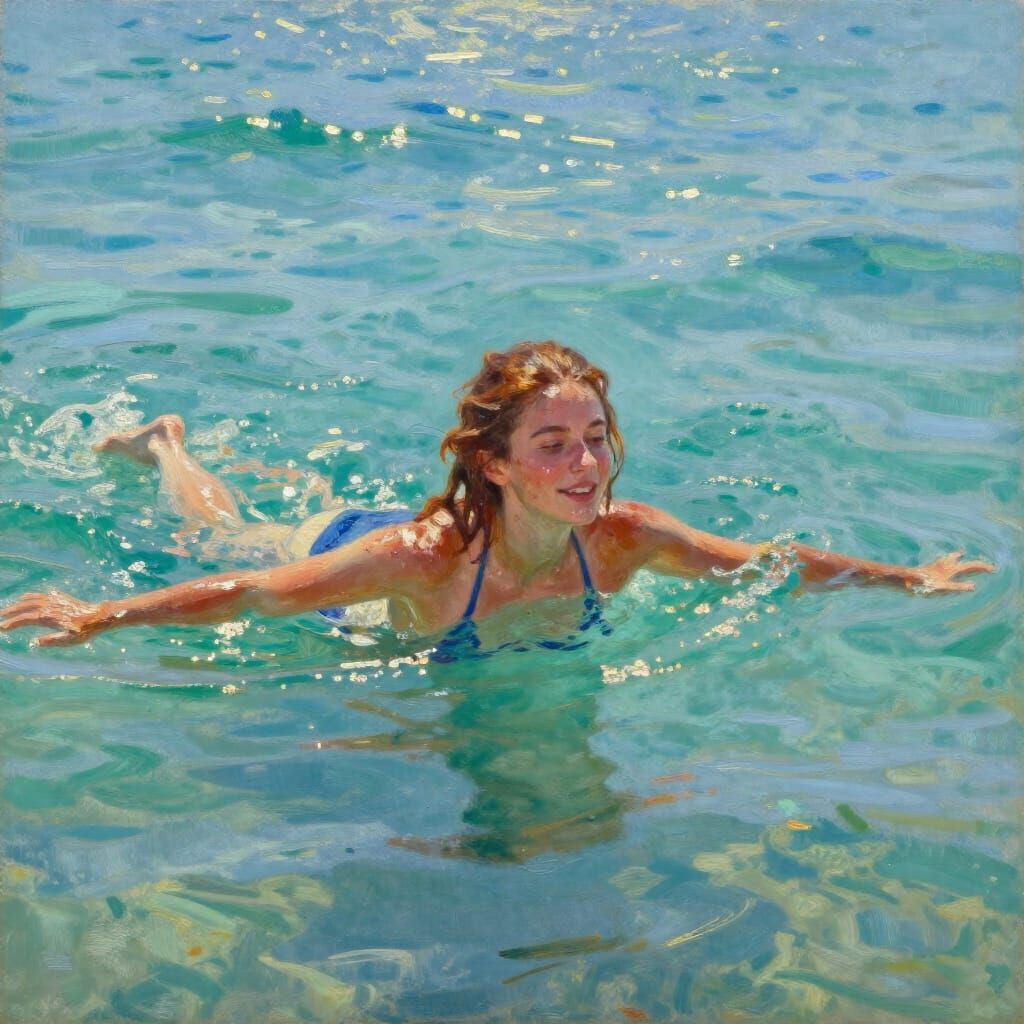 Joyful Swim in Sunlit Turquoise Sea, Impressionistic Oil Pai...