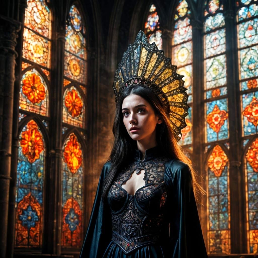 Ethereal Woman in Stained Glass Cathedral