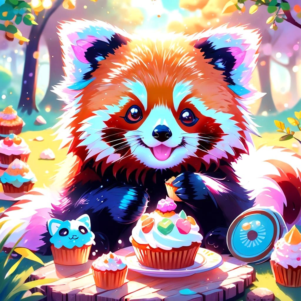 Fluffy Kawaii red panda eating a strawberry cupcake at a picnic. intricate details, cute, colorful style, ...  by @Gaile